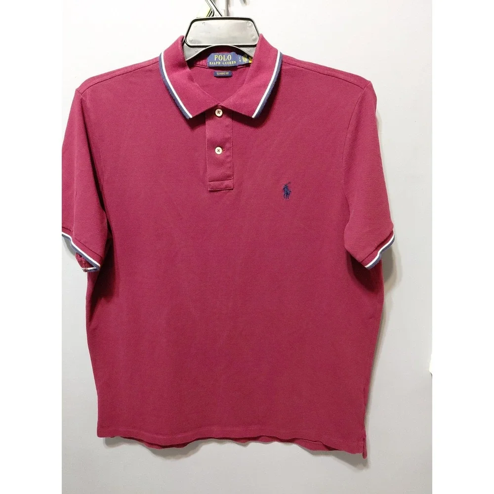 Ralph Lauren Polo Shirt Men Large Burgundy Golf Casual Pony Logo Striped Collar